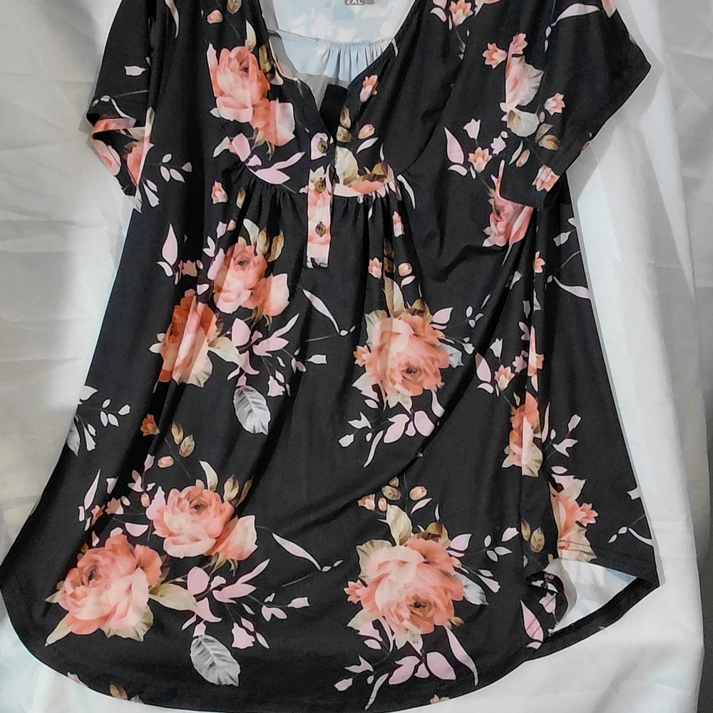 Floral Black Blouse with Pink Accents